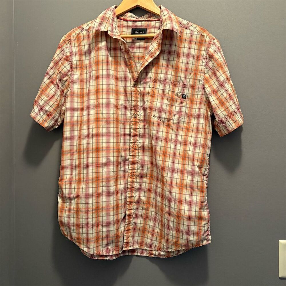 Marmot Men's Orange Plaid Short Sleeve Button-Up Shirt Size L